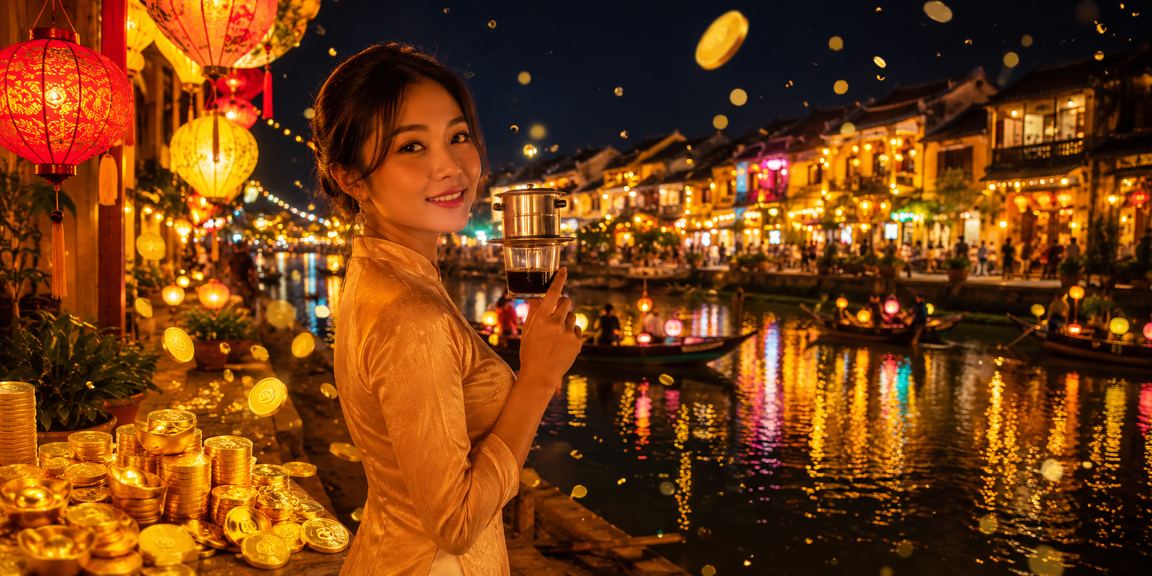 Người dùng tại Hội An xem đăng ký và giao dịch trên điện thoại trong quán cà phê