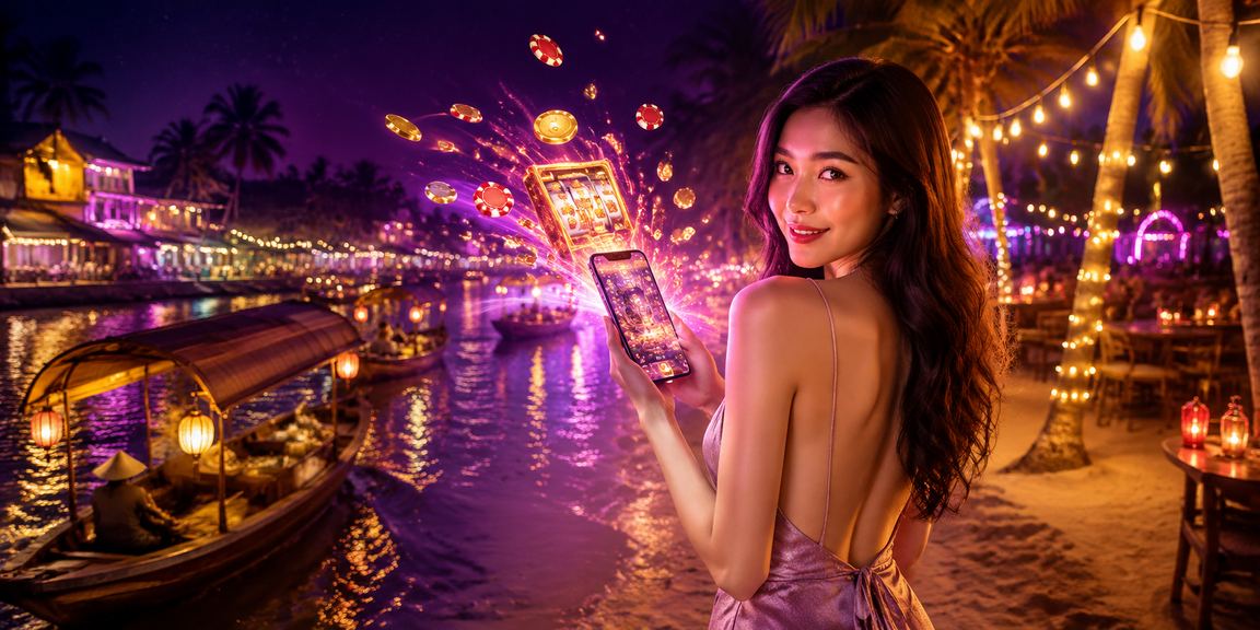 Máy slot neon bên sông Mekong trong không khí giải trí cuối tuần