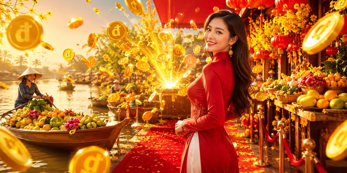 Không khí Tết bên sông Mekong với trò chơi slot và chủ đề jackpot