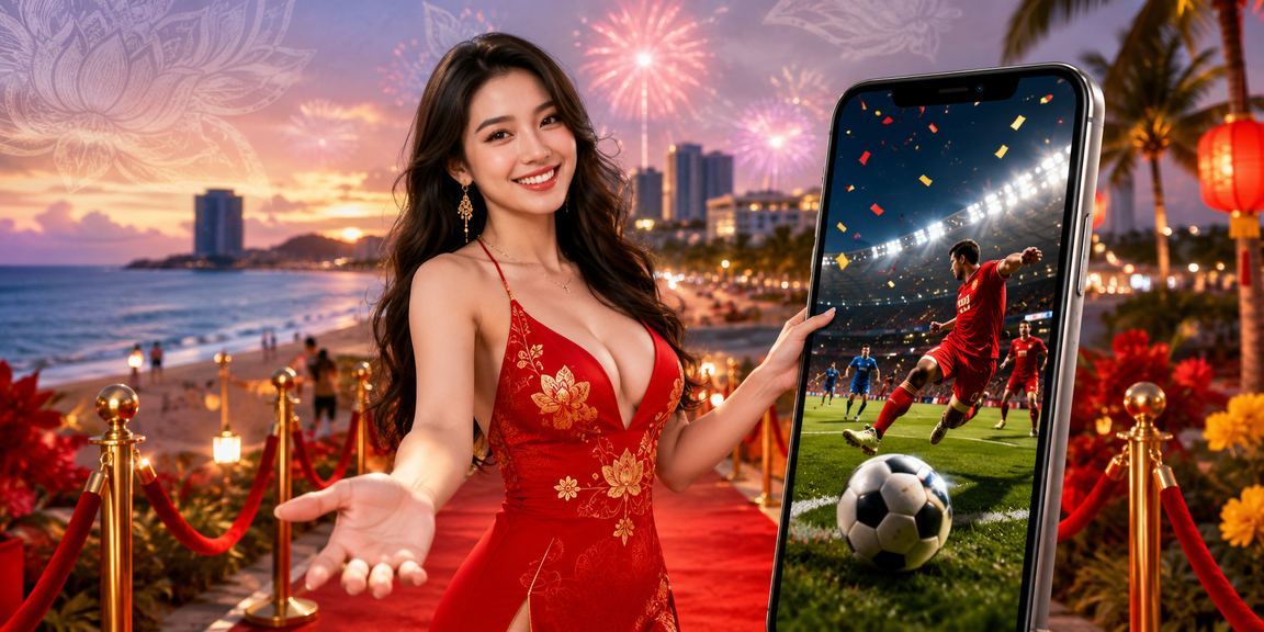 Người dùng Việt Nam xem bóng đá trên điện thoại tại bối cảnh biển Vũng Tàu